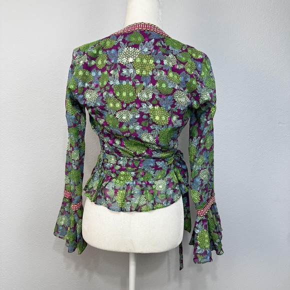 Alexis Shirt Women's Stacia Small Green Purple Floral Wrap Peplum Bell Sleeve - Picture 5 of 10